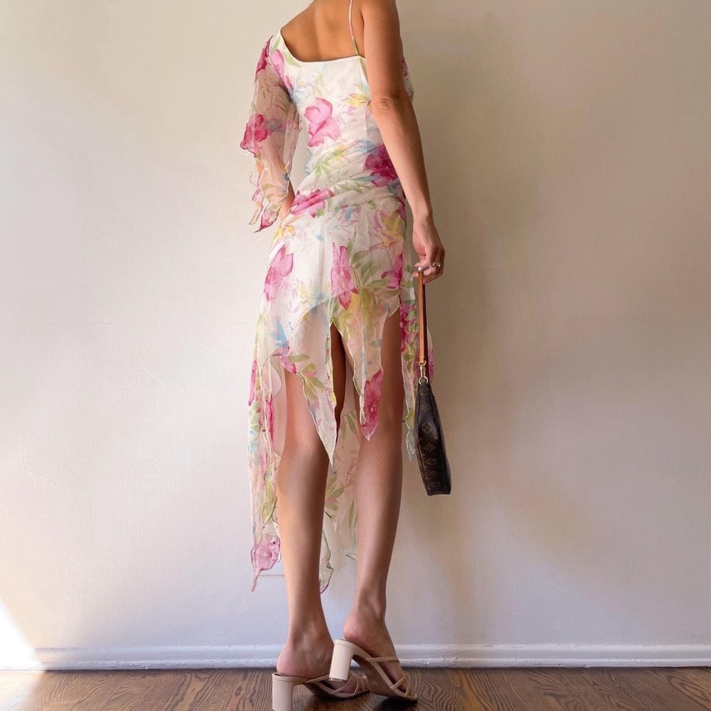 VINTAGE SILK FLORAL BEADED PAPILLON DRESS - Picture 3 of 8